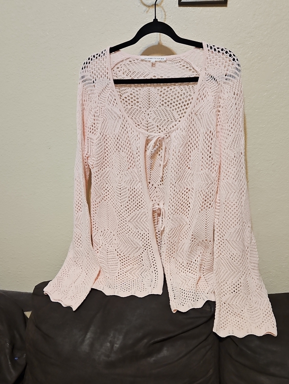 Celebrity Pink Pale Pink Crochet Tie-Front Cardigan